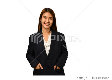 Confident asian businesswoman in black suit posing isolated on white background 104464962