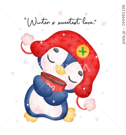 Adorable Christmas penguin hugs a hot chocolate mug in this joyful watercolour illustration. Perfect for festive greetings and cozy winter designs. Adorable Christmas penguin hugs a hot chocolate mug in this joyful watercolour illustration. Perfect for festive greetings and cozy winter designs. 104465106