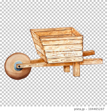 Empty wooden cart, rural machinery. Trolley for farmers to transport organic products. A basket or container with a wheel for harvesting. Harvest festival element, agricultural wheelbarrow for design Empty wooden cart, rural machinery. Trolley for farmers to transport organic products. A basket or container with a wheel for harvesting. Harvest festival element, agricultural wheelbarrow for design 104465287