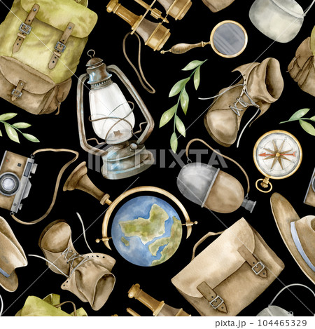 Seamless Pattern with retro Travel equipment. Hand drawn watercolor illustration with adventure backpack on dark black isolated background for journey and camping. Ornament for hiking design. Seamless Pattern with retro Travel equipment. Hand drawn watercolor illustration with adventure backpack on dark black isolated background for journey and camping. Ornament for hiking design. 104465329