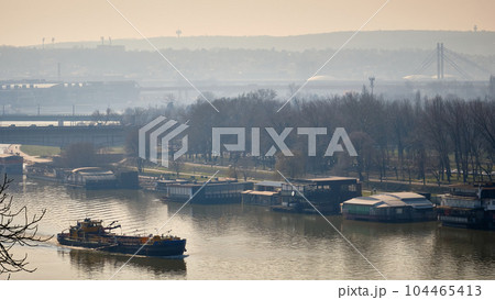 Bulk carrier sails down the Sava river Bulk carrier sails down the Sava river 104465413