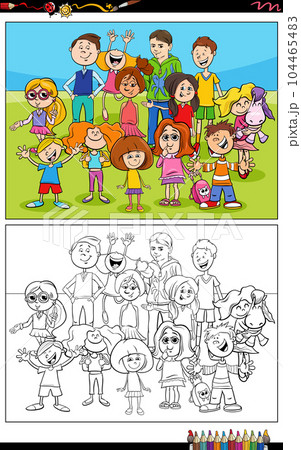 funny cartoon children and teens characters group coloring page 104465483