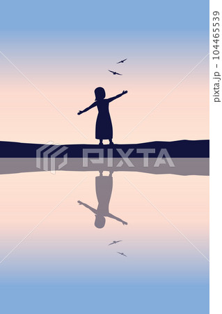 happy little girl dream about flying with birds by the lake at sunset silhouette happy little girl dream about flying with birds by the lake at sunset silhouette 104465539