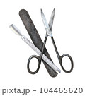 Watercolor illustration. A set of tools for manicure. Scissors, nail file, cuticle remover. Hand-drawn and isolated on white background. For the design of stickers, posters, business cards, prints 104465620