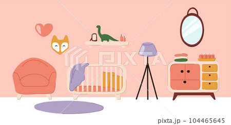 Baby room, nursery bedroom with cot bed, furniture, carpet, floor lamp and mirror. Child room interior in doodle flat style with cradle and baby toys mobile. Vector illustration. Baby room, nursery bedroom with cot bed, furniture, carpet, floor lamp and mirror. Child room interior in doodle flat style with cradle and baby toys mobile. Vector illustration. 104465645