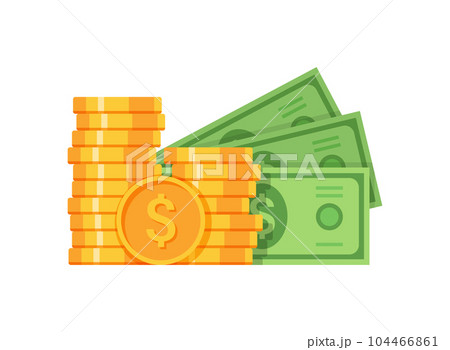 Money icon in flat style. Stack of currency banknotes vector illustration on isolated background. Dollars and gold coins sign business concept. 104466861