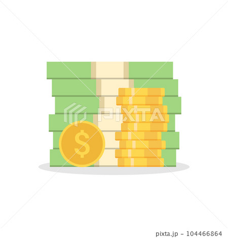 Money icon in flat style. Stack of currency banknotes vector illustration on isolated background. Dollars and gold coins sign business concept. 104466864