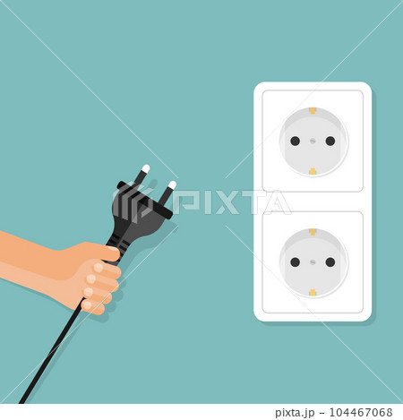 Electric socket with man hand icon in flat style. Connection symbol vector illustration on isolated background. Power socket sign business concept. 104467068
