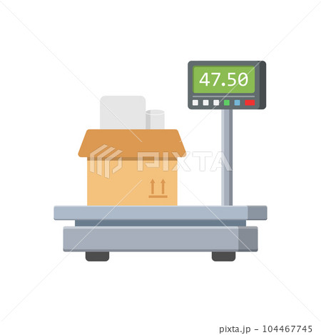 Electronic weight scale for cargo in flat style. Cardboard measuring vector illustration on isolated background. Equilibrium comparison sign business concept. 104467745