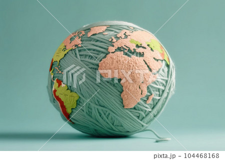 Soft Earth globe made of ball of yarn on pastel green background. Generative AI 104468168