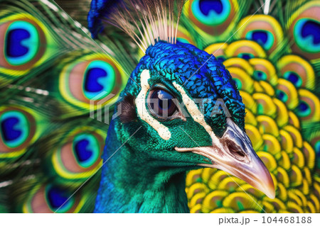 Peacock with open tail. Close up shot of a peacocks colorful plumage. Generative AI 104468188