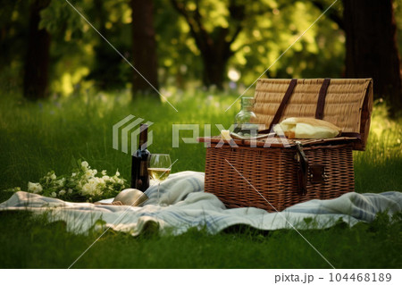 Picnic in a park surrounded by tall trees, green grass and a blanket spread out. Generative AI Picnic in a park surrounded by tall trees, green grass and a blanket spread out. Generative AI 104468189