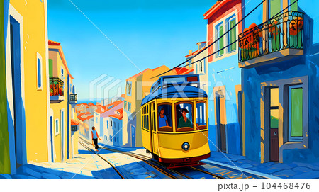 Illustration of a portuguese city with a tram, Portugal Illustration of a portuguese city with a tram, Portugal 104468476