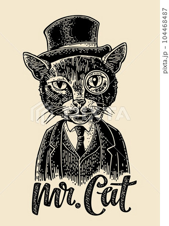 Cat gentleman holding a watch and dressed hat, suit. Engraving Cat gentleman holding a watch and dressed hat, suit. Engraving 104468487