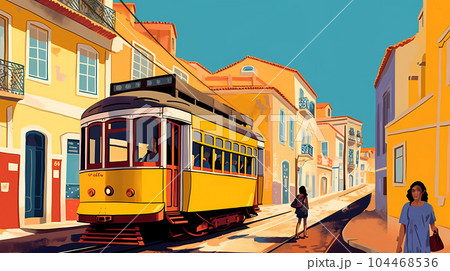 Illustration of a portuguese city with a tram, Portugal Illustration of a portuguese city with a tram, Portugal 104468536