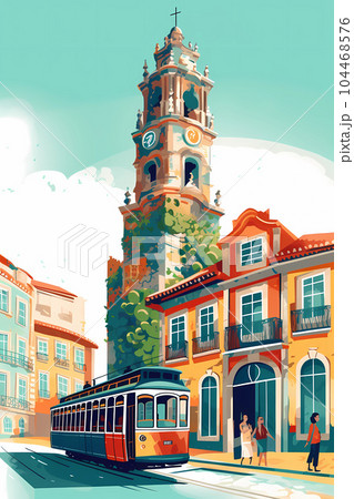 Illustration of a portuguese city with a tram, Portugal Illustration of a portuguese city with a tram, Portugal 104468576