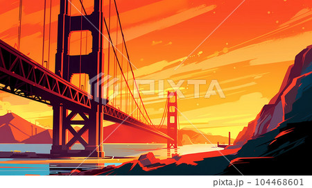 Illustration of a beautiful view of the Golden Gate Bridge, USA 104468601