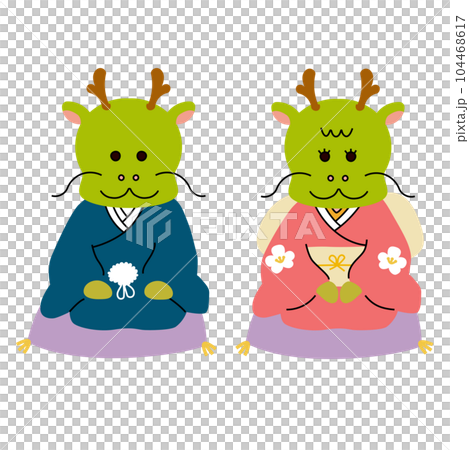 Vector illustration of a dragon boy and girl wearing New Year's kimono Vector illustration of a dragon boy and girl wearing New Year's kimono 104468617