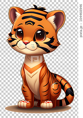 Adorable baby tiger cub with orange pattern sitting and smiling Adorable baby tiger cub with orange pattern sitting and smiling 104468946