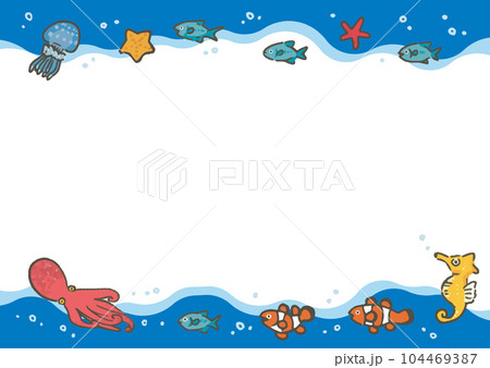 手描きの波に乗るさかなのフレーム(横) 手描きの波に乗るさかなのフレーム(横) 104469387