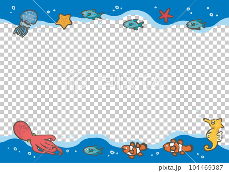 手描きの波に乗るさかなのフレーム(横) 手描きの波に乗るさかなのフレーム(横) 104469387
