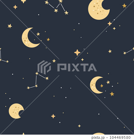 Seamless pattern with moon, stars, constellations. Starry night flat background 104469580