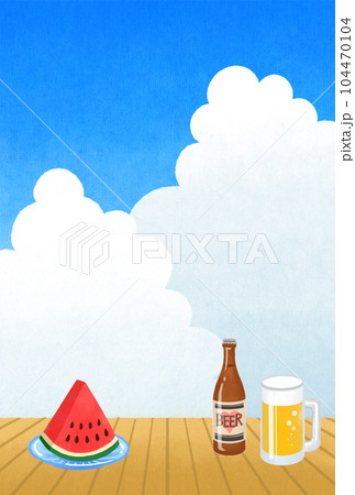 夏のイラスト素材　縁側でスイカにビール 104470104