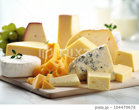 assorted cheese presented on a white table 104470678