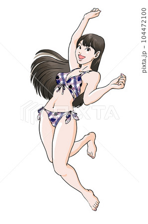 ジャンプしながら夏のビーチを満喫する若い女の子_ビキニホワイト花柄 104472100