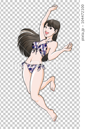 ジャンプしながら夏のビーチを満喫する若い女の子_ビキニホワイト花柄 104472100