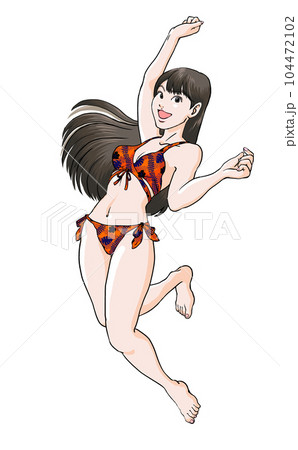 ジャンプしながら夏のビーチを満喫する若い女の子_ビキニオレンジ花柄