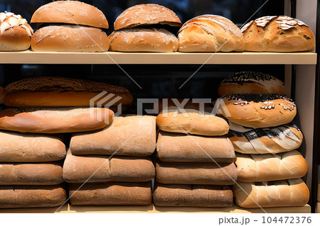 Various bread selling at the display bakery shop shelf. Various bread selling at the display bakery shop shelf. 104472376