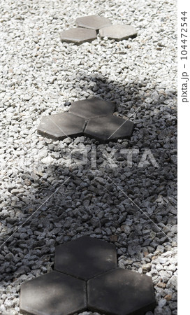 Dry garden pathway with stepping stone and white gravel. 104472544