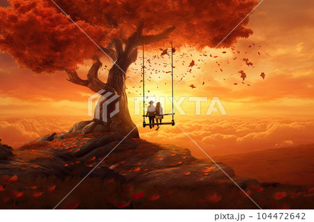 couple in love on a swing with an autumn landscape 104472642