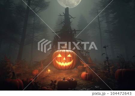 halloween background with scary pumpkin in a dark forest at night 104472643