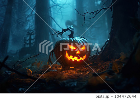 halloween background with scary pumpkin in a dark forest at night 104472644