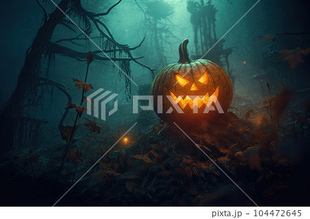 halloween background with scary pumpkin in a dark forest at night 104472645