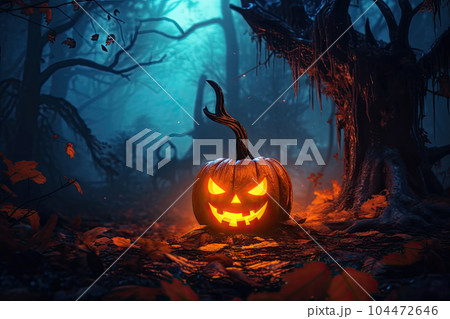 halloween background with scary pumpkin in a dark forest at night 104472646
