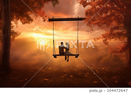 couple in love on a swing with an autumn landscape 104472647