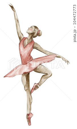 Watercolor dancing ballerina in red dress. Isolated dancing ballerina. Hand drawn classic ballet performance, pose. Young pretty ballerina women illustration. Can be used for postcard and posters. 104472773
