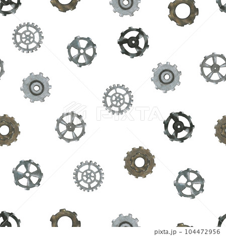 Hand-Drawn Steampunk Gear Transmission Element Seamless Pattern on White Background. Digital Paper with Metal Gear Illustration Drawn by Colored Pencil. 104472956