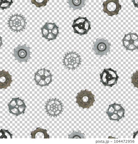 Hand-Drawn Steampunk Gear Transmission Element Seamless Pattern on White Background. Digital Paper with Metal Gear Illustration Drawn by Colored Pencil. Hand-Drawn Steampunk Gear Transmission Element Seamless Pattern on White Background. Digital Paper with Metal Gear Illustration Drawn by Colored Pencil. 104472956