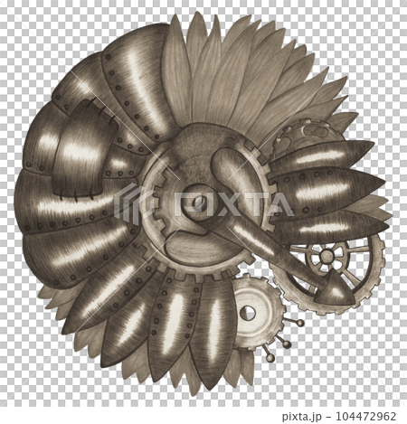 Design Element Hand Drawn Illustration of Vintage Steampunk Sunflower Isolated on Light Background. Steampunk Sunflower Drawn by Colored Pencils. Steampunk Object in Sepia Color. Design Element Hand Drawn Illustration of Vintage Steampunk Sunflower Isolated on Light Background. Steampunk Sunflower Drawn by Colored Pencils. Steampunk Object in Sepia Color. 104472962