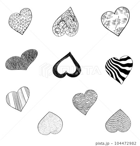 Set of Black Hearts Drawn by Pencil. The Sign of World Heart Day. Symbol of Valentines Day. Heart Shape Isolated on White Background. 104472982