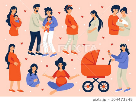 Pregnant women. Pregnancy and maternity. Couple with toddlers. Parents hug. Baby carriage. Family holding newborn children. Happy mom with belly. Female walking or meditating. Vector young mothers set Pregnant women. Pregnancy and maternity. Couple with toddlers. Parents hug. Baby carriage. Family holding newborn children. Happy mom with belly. Female walking or meditating. Vector young mothers set 104473249
