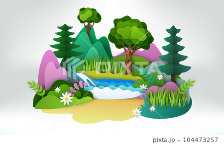 Papercut nature. Green jungle art. Origami craft landscape. Scenic mountains and eco forest world. Summer plants. Paper layers. Natural wild panorama. Environment background. Vector exact illustration 104473257