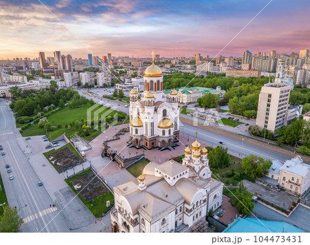 Summer Yekaterinburg, Temple on Blood and Church of St Nicholas in sunset. Aerial view of Yekaterinburg, Russia. Translation of text on the temple 104473431