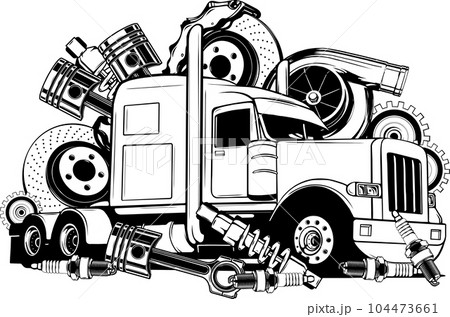 Classic American Truck. Black and white illustration Classic American Truck. Black and white illustration 104473661