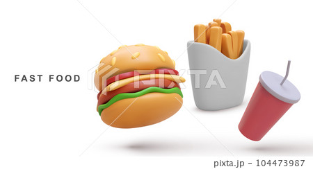 3d realistic Hamburger and soda, fries potatoes on white background. Vector illustration. 3d realistic Hamburger and soda, fries potatoes on white background. Vector illustration. 104473987