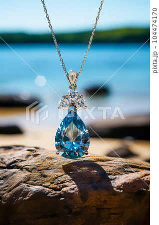 Close-up view of aquamarine pendant with diamonds 104474170